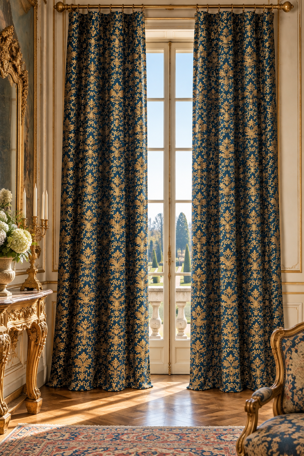 Rideaux anciens bleu et or dans un int�rieur � Arte Collection