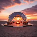 geodesic dome on a beach with sunset with nice fire and wedding ceremony  1 