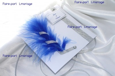 faire part plume et diamants avec plume bleue et perles nacrees argent