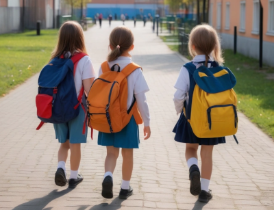 three children going to school with bags on the back v2